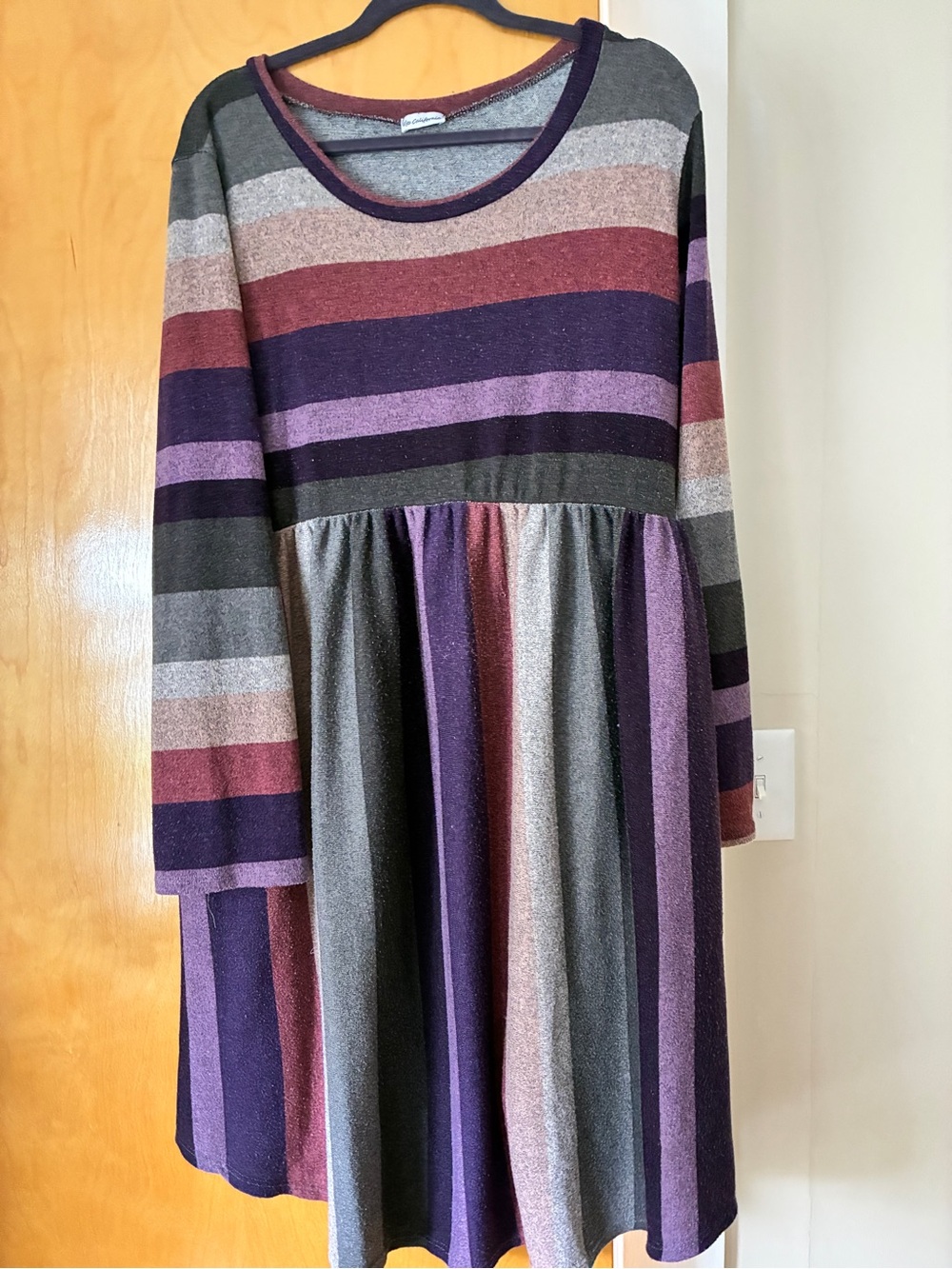Striped Long-Sleeve Midi Dress in Purple and Gray